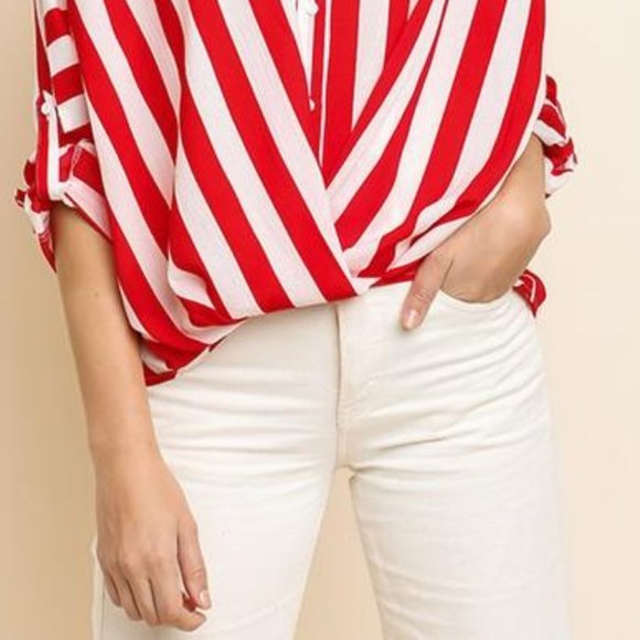 Striped Long Roll Up Dolman Sleeve button Up - Picture 7 of 8
